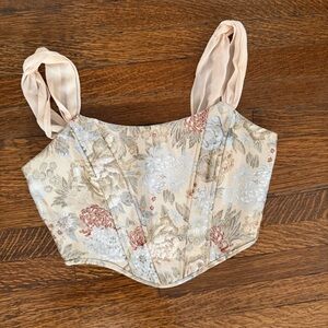 Cropped Floral Jacquard Bustier Top w/ Sheer Tie Straps – Cottagecore – Small
